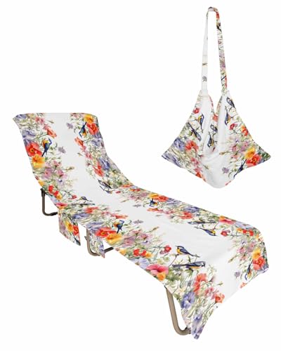 Vintage Flowers Beach Lounge Chair Towel Cover, Soft Chaise Lounge Towel with Side Pockets Patio Pool Chairs Cover for Beach/Pool Sunbathing 29x85 Spring Floral Botanical Pastoral
