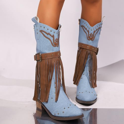 Women'S Chunky Heel Western Boots With Rivet Belt Buckle Fashion Pointed Toe Pull-On Block Heels Fringe Western Mid Calf Boots4