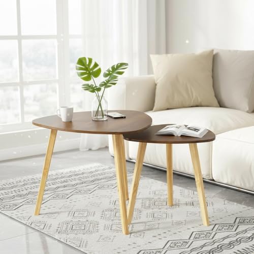 Image of Modern Wooden Nesting Side Table Set of 2 for Living Room | Space Saving Sofa Side Table | Bedside End Table | Multipurpose Accent Tables for Home Bedroom Office (Brown, Nesting)
