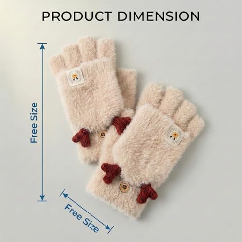 Image of Kraptick Women's Cute Reindeer Plush Convertible Fingerless Gloves - Winter Warm Fluffy Flip-Top Mittens - Korean Style Soft Hand Warmers for Girls & Ladies (Free Size, White)-3