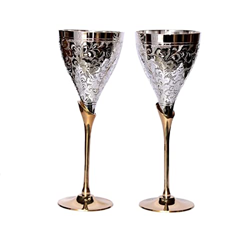 Dnu Avenue Set Of 2 Silver Plated Brass Wine Goblets With Red Velvet Gifting Box, Silver Plated Brass Champagne Flutes, Engraved Wine Cups, Champagne Flutes, Couple Wine Glass Set. #TOP4