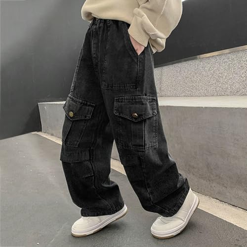 Teen Boys Y2K Cargo Jeans Kids High Waisted Stretch Button Dance Denim Pants Children Baggy Straight Leg Vintage Streetwear4