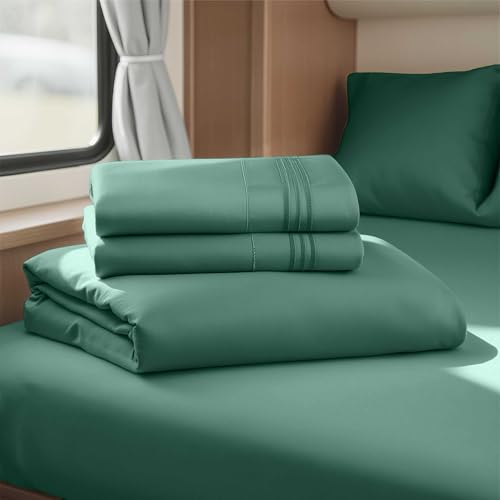 Image of Nestl Forest Green Short Queen Sheets for RV, Hotel Luxury RV Queen Sheets Set, 4 Piece Fitted Bed Sheet Set and Pillowcases, Super Soft, Wrinkle-Free, and Breathable Camper Bedding