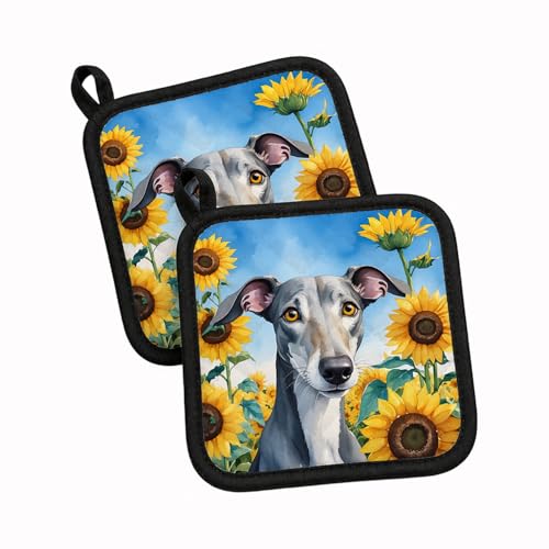 Caroline's Treasures Greyhound in Sunflowers Pair of Pot Holders Kitchen Heat Resistant Pot Holders Sets Oven Hot Pads for Cooking Baking BBQ, 7 1/2 x 7 1/2