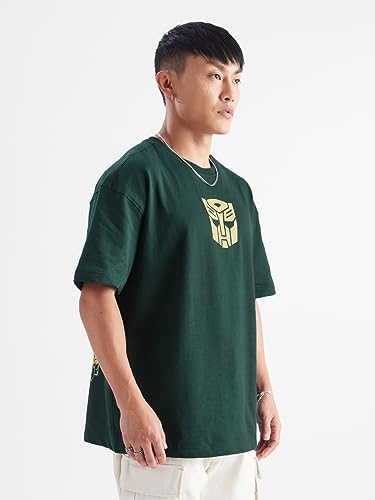 Image of The Souled Store Transformers: Bumblebee Mens & Boys Oversized Fit Graphic Printed Half Sleeve Cotton Green Oversized T-Shirts