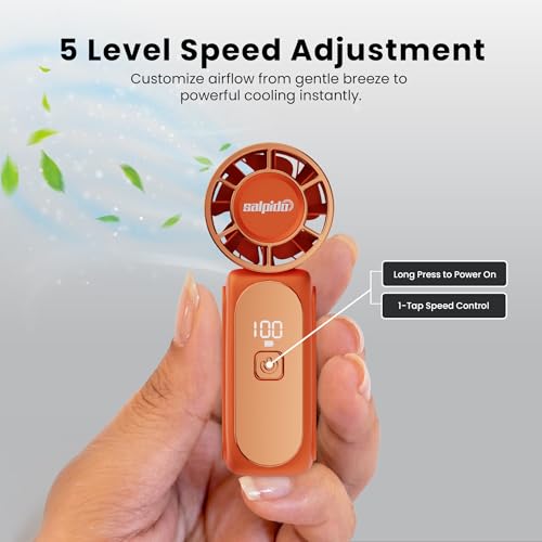 Image of SAL-TF-05 Mini Portable Fan with 13000 RPM Brushless Motor, 5 Speed Adjustment, Rechargeable USB Fan, Compact Handheld Cooling Fan for Travel, Office, Makeup & Outdoor Use (Orange)