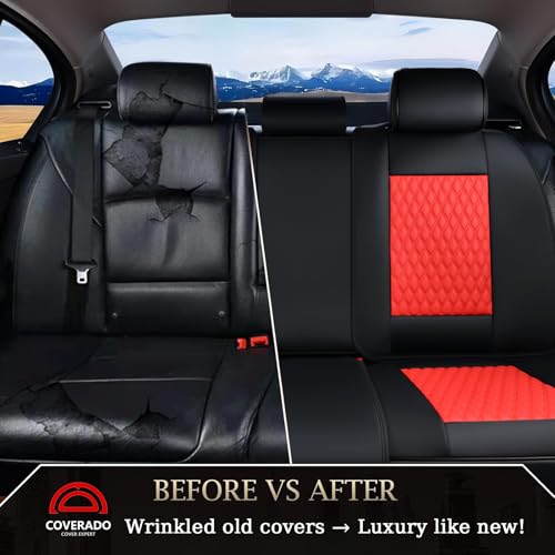 Image of Coverado Leather Rear Seat Covers for Cars, Waterproof Back Seat Cover, Universal Automotive Seat Cushion Protector for Most Cars Trucks SUV (Black & Red Line)