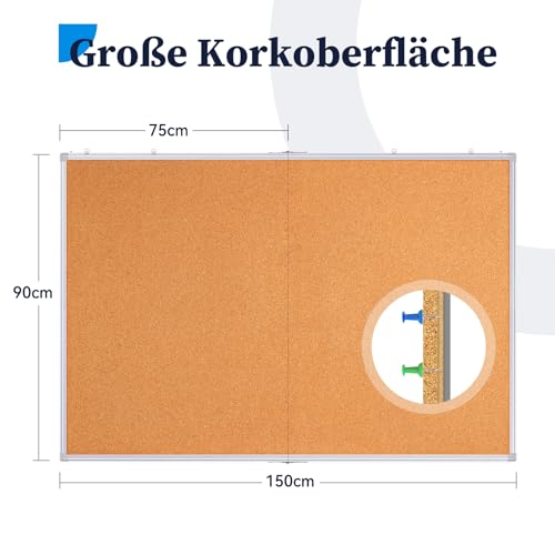 maxtek Pinnwand Kork Groß 90 x 150 cm, Pinwand Korktafel mit Aluminiumrahmen, Cork Board inklusive 12 Reißzwecken, aus Selbstheilendem Natürlichen Kork und Einfach zu Montieren