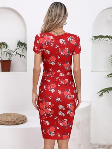 Image of Missufe Women's Short Sleeve Ruched Bodycon Casual Knee Length Floral Dress (Red Floral Short Sleeve, Large)