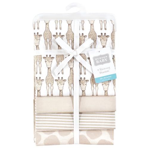 Image of Hudson Baby Cotton Flannel Receiving Blankets 4-Pack, Giraffe, One Size