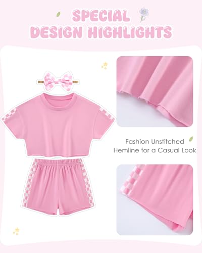 Image of SANMIO Toddler Girl Clothes Summer 3 Piece Outfits Cute | Short Sleeves Checkered Tops Shorts and Headband Girls Clothing Set