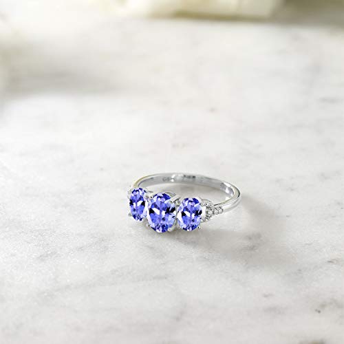 Gem Stone King 10K White Gold Blue Tanzanite and Diamond Accent 3-Stone Engagement Ring for Women | 1.67 Cttw | Oval 7X5MM and 6X4MM | Gemstone Birthstone | Available In Size 5, 6, 7, 8, 94