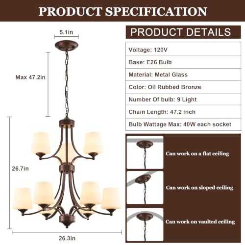 Image of 2 Tier Oil Rubbed Bronze Chandeliers 9 Light Large Modern Farmhouse Chandeliers for Dining Room Lights Fixture with Frosted Glass 47 inch Retro Chandeliers for Living Room Staircase, Height Adjustable