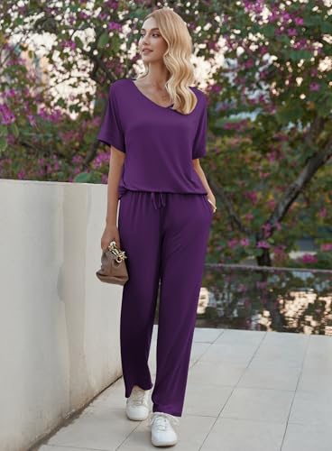 Image of Ekouaer Pajama Sets for Women 2 Piece Lounge Set Short Sleeve Tops and Long Pants Soft Comfy Pjs Sleepwear Outfits S-XXL
