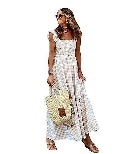 GARCAN Vestido Casual a Cuadros para Mujer Vestido Maxi Elástico con Cuello Halter a Cuadros De Collage Vestido Casual De Playa De Verano Vestido Midi Suelto con Botones Y Cuello,Off White,M