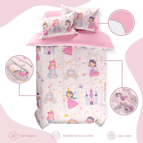 Image of SANDJEST Princess Comforter Set Full Size 98x86in for Kids Girls, Microfiber Bedding Set 4 Pcs Includes 1 Comforter, 2 Pillowcases, 1 Fitted Sheet, Nursery Room Decor Christmas Birthday