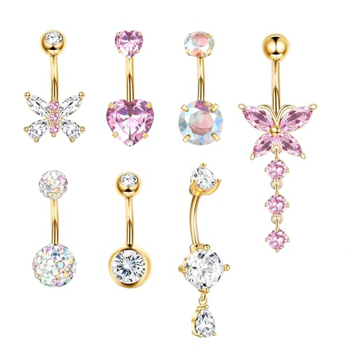 YADOCA Gold Belly Button Ring Navel Piercing Jewelry - Surgical Steel Dangle Belly Rings for Women 14G Dainty Colorful Pink Belly Button Piercing Gold Silver Tone