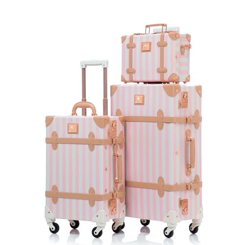 Image of UNIWALKER Vintage Suitcase Set, 3 Piece Retro Spinner Trunk, TSA-Approved Travel Luggage with Cosmetic Train Case for Women, Pink Strip, 26 inch+20 inch+12 inch