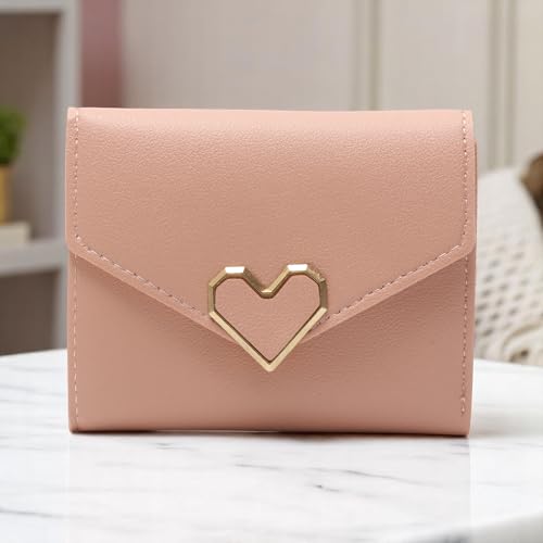 1Pcs Money Wallet 3-Fold Heart-Shaped Card Holder PU Leather Pink 11.5x9cm