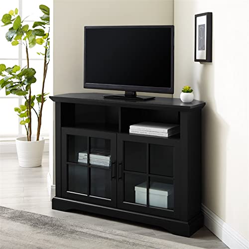 Walker Edison Classic Glass Door Tall Corner TV Stand for TVs up to 50" in Solid Black