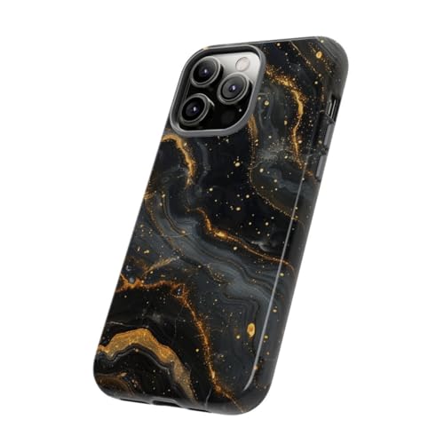 Coque iPhone 14 Pro Max rigide marbré noir et doré brillante
