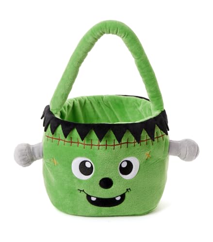 Ouksma Halloween Plush Treat Basket, Halloween Candy Basket, Trick-or-Treat Bag (Green Frankenstein)