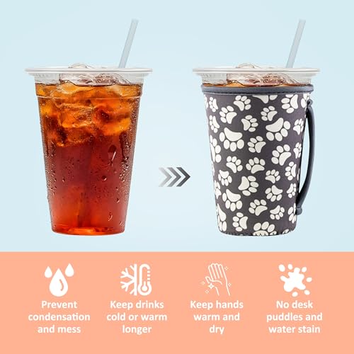 Image of KJQJLY 3 Pack Reusable Iced Coffee Sleeves for Iced Coffee Cups or Drinks Reusable Neoprene Insulated Sleeves for Hot and Cold Drinks from Starbucks, Dunkin, And More (Paw Prints)