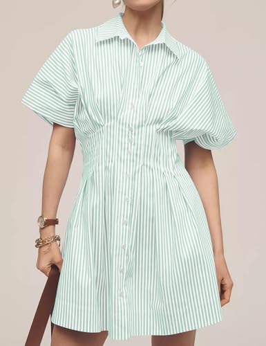 Image of Women Summer Short Sleeve Button Front Pleated Shirt Dress Striped Collar V Neck Casual Y2k Swing Short Mini Dress