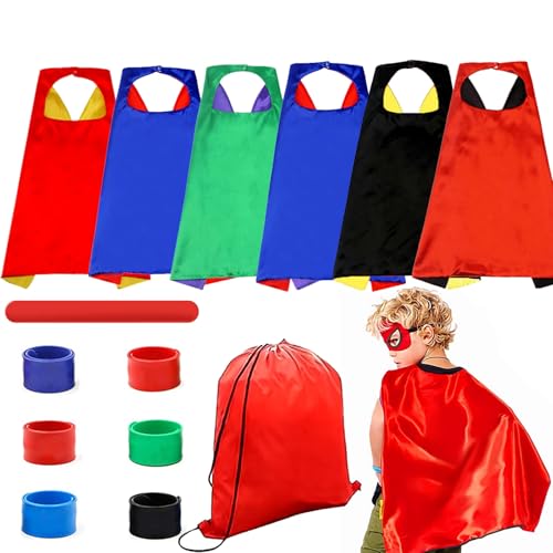 JUQG Conjunto de disfarces de super-herói, camadas de super-heróis infantis, disfarce infantil de papel com face e pulseiras, presentes de aniversário para festas de meninos e meninas (6 funções)
