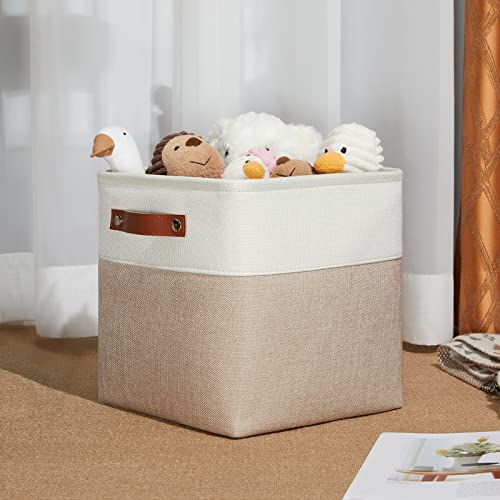 Dullemelo 11 Inch Cube Storage Bins, Large Collapsible Grey Storage Baskets For Square Cubes Organizing, Fabric Boxes Bins For Shelves Nursery Home Office Storage(4 Pack - 11" White&Khaki) #TOP4