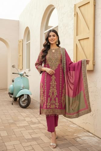Image of Amazon Brand - Tavasya Womens Ethnic Motifs Embroidered Kurta Pant Set With Designer Long Dupatta