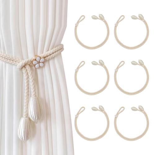 JKITNHJOT 6 Stück Vorhang Raffhalter aus Baumwolle, Handgewebte Gardinenhalter ohne Bohren, Raffbänder für Wohnzimmer, Schlafzimmer, Büro & mehr (Beige, 100 cm)