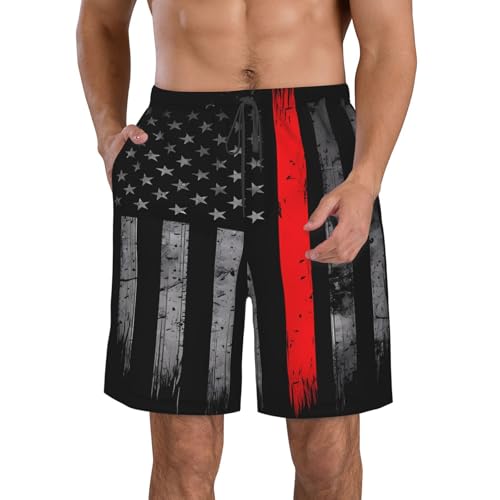 Thin Red Line American Flag Firefighter Men's Beach Shorts Quick Dry Swim Shorts with Pockets Hawaii Board Trunks