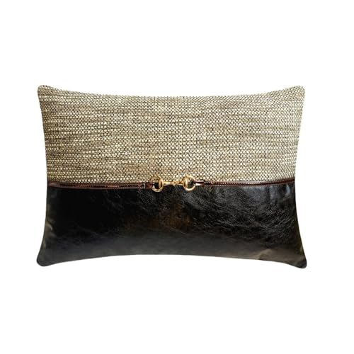 The HomeCentric Fait Main Noir Housse de Coussin Lombaire, 30 x 45 cm Faux Cuir Coussin, Housse de Coussin avec Cuir Patchwork, Patchwork Coussin, Moderne...