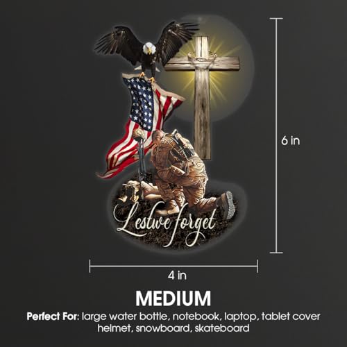 Image of Veteran American Flag with Eagle and Jesus Cross Lost We Forget Car Window Decals, Meaningful Gift for American Veterans, Transparent Car Vinyl Decal Sticker for Car Windows | 6 inch