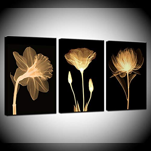 Tableau sur toile fleur abstraite peinture moderne triptyque noir et or finition premium