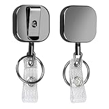 Will Well ID Badge Holder Reel with Clip and Keyring - Heavy-Duty All-Metal Casing with 23.6' UHMWPE Fiber Pull Cord for Easy Access, Holds up to 8 Keys - 2-Pack, Small Square, Glossy Black
