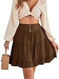 LYANER Women's Casual High Waist A Line Ruffle Hem Swing Skater Short Mini Skirt Brown Medium