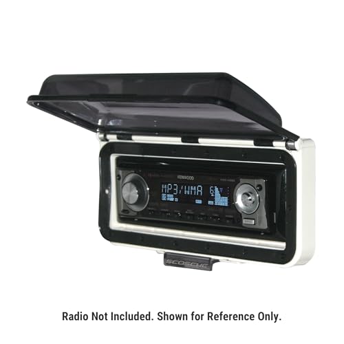 Image of Scosche ACM3W Universal Marine Radio Cover - Water Resistant Boat Dash Radio Protector Shield with One Touch Spring Loaded Flip-Up Door, Single DIN Marine Stereo Kit - Durable Boat Accessory - White