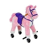 Qaba Kids Interactive Plush Mechanical Walking Ride On Horse Toy with Wheels, Pink