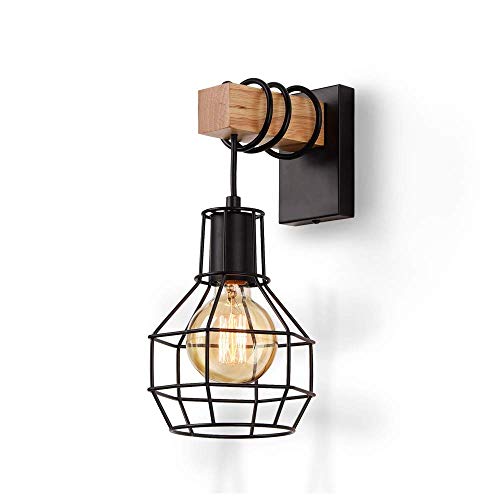 ENCOFT Vintage Applique Murale Intérieur Industriel en Métal et Bois, Éclairage Mural Cage E27 Luminaire Murale Max 40W pour Chambre Cuisine Salle à Manger Noir