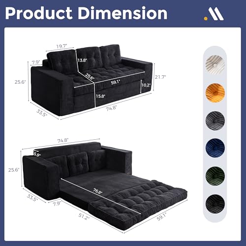 Image of MAXYOYO Convertible Sofa Bed, Pull Out Oversized Loveseat Sofa Couch, 2 in 1 Folding Couch Bed, Fold Out Floor Couch with Pillows for Living Room Bedroom Lounge, Black