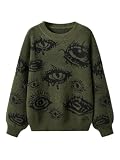 Melliflo Womens Y2k Devil's Eyes Print Sweater Goth Grunge Punk Halloween Christmas Long Sleeve Drop Shoulder Pullover Tops Green