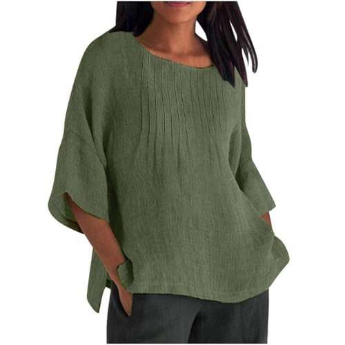 Générique Top Femme Manches 3/4 Col Rond, Haut Froncé Aspect Lin Unie, Blouse Décontractée Enfilade