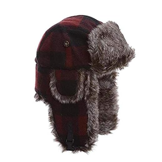 Mad Bomber Original Balaclavas Headwear, Maroon Plaid with Brown Faux Wabbit Fur, Large
