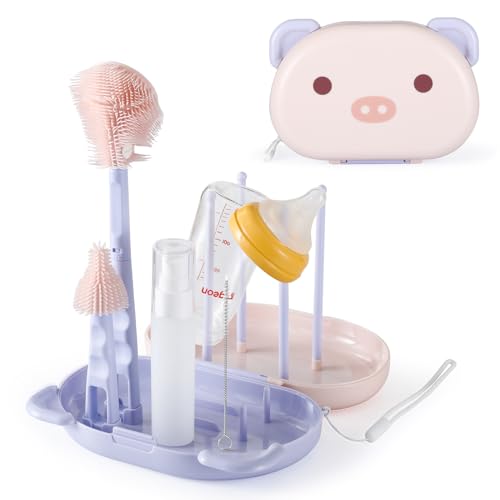 Image of VOOWO Baby Bottle Brush & Drying Rack, Portable Travel Kit - Silicone Bottle & Nipple Brush Set, Straw Cleaner (Purple)