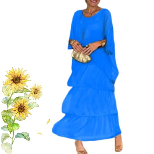 Women's Artistic Style Loose Dress, Boho Casual A-Line 3/4 Sleeve Solid Color Round Neck Flowy Multi-Layer Maxi Cake Dresses