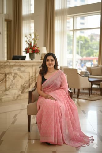 Image of Handmade Mulmul Cotton Printed Saree For Women Handloom Saree (Baby Pink)