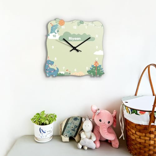 Image of Zooboo Personalized Analog Wall Clock, Custom Name Acrylic Silent Quartz Movement Wall Clock with Sleek Modern Design, Ideal for Birthdays or Return Gifts (Design - Dino Party), 30x30 cm, Multicolor