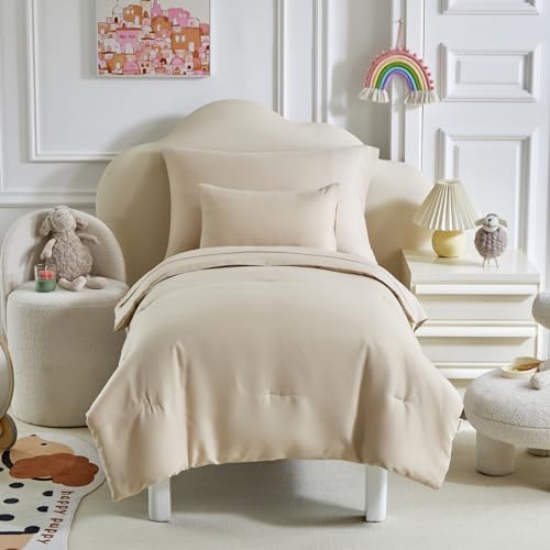 Image of Kids Comforter Sheet Set - Soft and Breathable Bed Set Includes Quilted Comforter, Fitted Sheet, Flat Top Sheet, Pillowcase and Toddler Pillowcase for Toddler - 5 Pieces Toddler Bedding Set Beige
